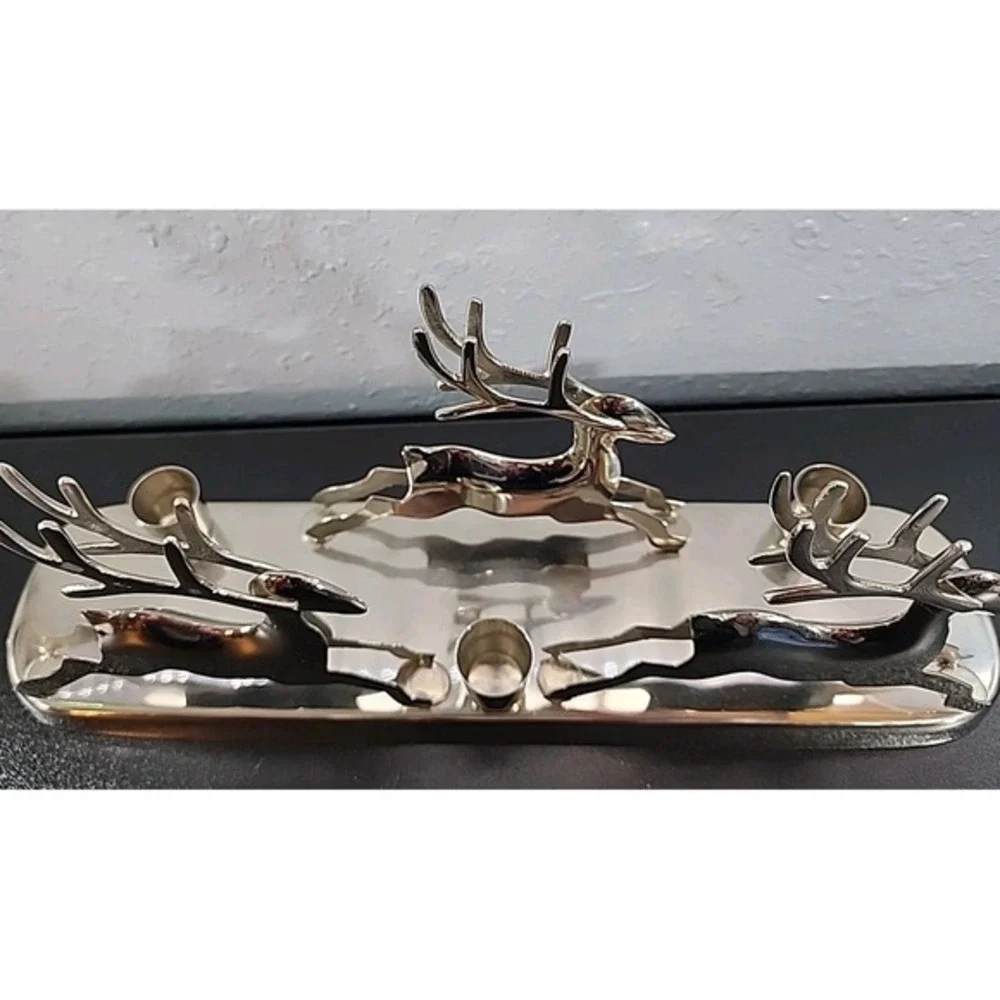 CRATE & BARREL 3 REINDEER‎ TRIPLE TAPER CANDLE HOLDER SILVER RECTANGULAR STAND